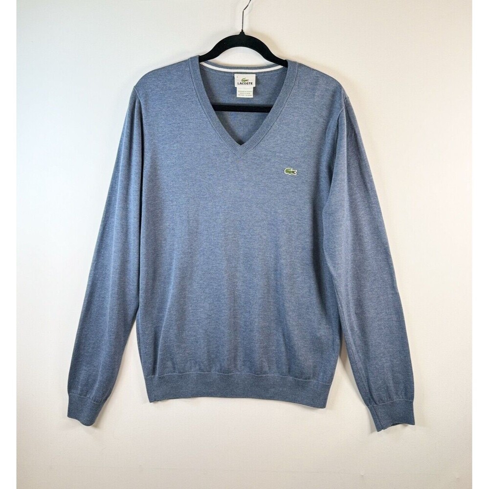 Lacoste Mens Sweater Blue V Neck Knit Pullover Long Sleeve Jumper Casual 6 US XL